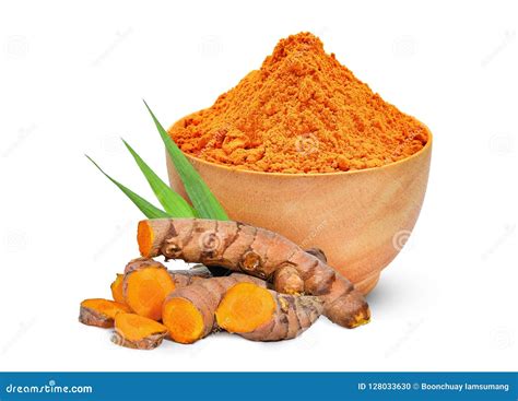 Turmeric Root And Turmeric Powder In The Wood Bowl Stock Photo Image