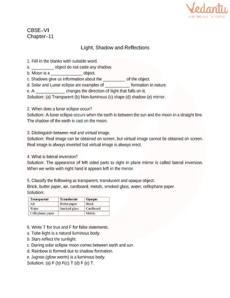 Light Shadow And Reflection Grade 6 Worksheet