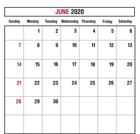 Blank June 2020 Calendar Template June Calendar Printable Blank
