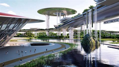 An Artists Rendering Of A Futuristic City With Water And Trees In The