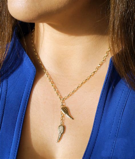 Fine 9ct Yellow Gold Angel Wings Pendant Belcher Necklace
