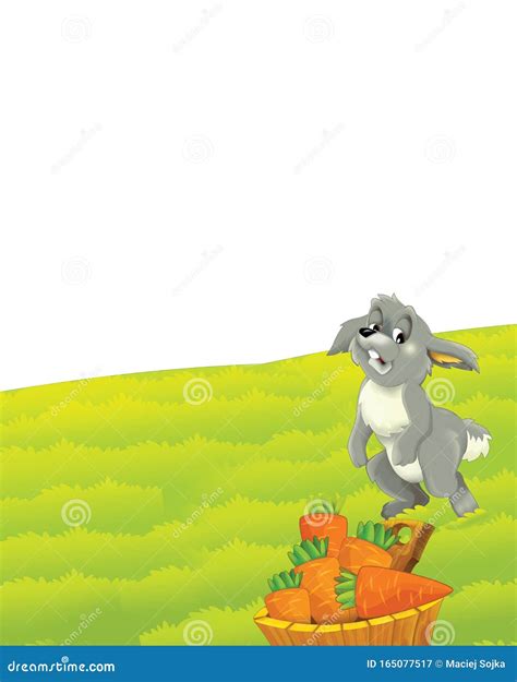Cartoon Farm Scene With Animal Rabbit Having Fun On White Background