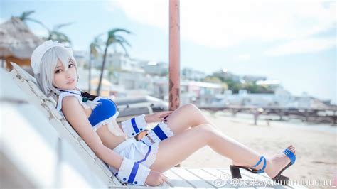 Wallpaper Women Cosplay Sea White Hair Anime Blue