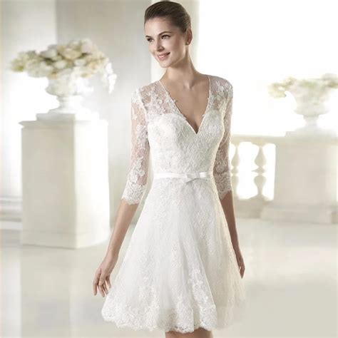 Half Sleeve V Neck White Lace Simple Short Wedding Dress Bridal Gown