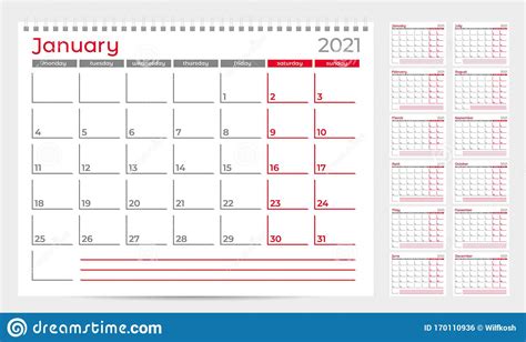 Plantilla De Planificador De Calendarios 2021 La Semana Empieza El Lunes Conjunto De 12 Meses