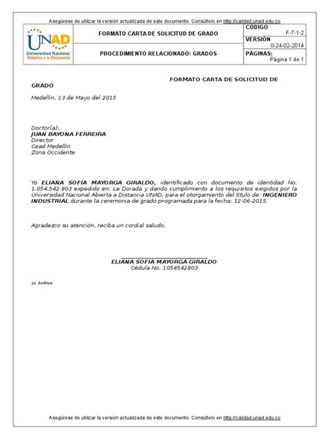 Formato Carta De Solicitud De Grado