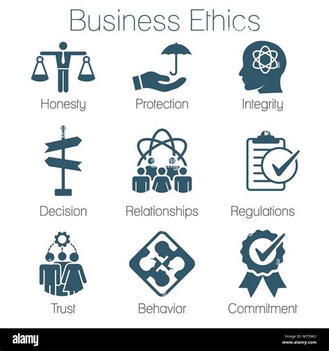 Business Ethics Solid Icon Set With Honesty Integrity Commitment