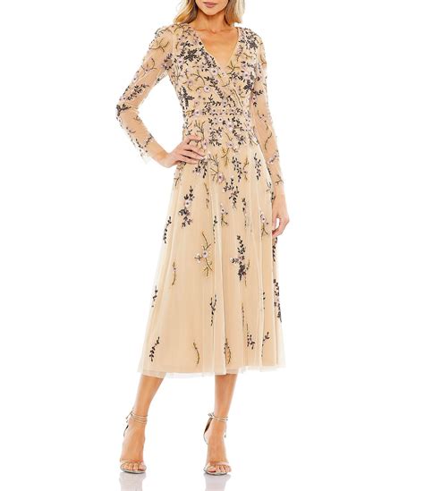 Mac Duggal Floral Print Embroidered Long Sleeve Surplice V Neck A Line