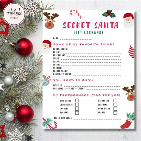 Secret Santa Questionnaire Printable Secret Santa Form Secret Etsy