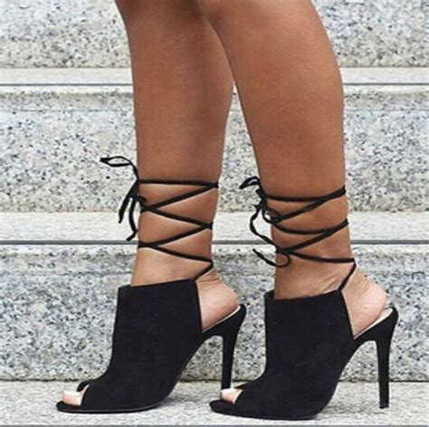 Summer Ankle Cross Strappy High Heel Sandals Black Suede Leather Sexy