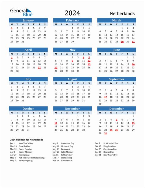 2024 Printable Calendar With The Netherlands Holidays