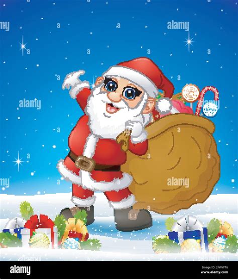 Cartoon Santa Bringing Sack In The Winter Background With Balls Stock