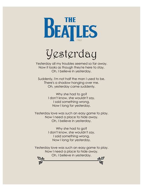 Yesterday Print The Beatles Beatles Lyrics From The Etsy Beatles