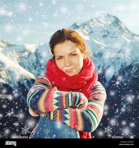 Attractive Girl In Snowy Winter Alps Stock Photo Alamy