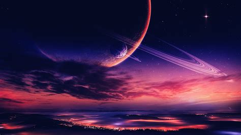 76883 Sci Fi Landscape Hd Sky Stars City Moon Cloud Purple