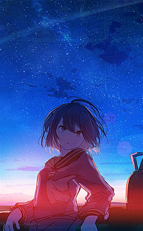 Download Wallpaper 950x1534 Schoolgirl Anime Sunset Outdoor Iphone