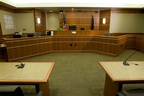 Modern Courtroom With Judges Bench Attorneys Desks Medium Wide Angle