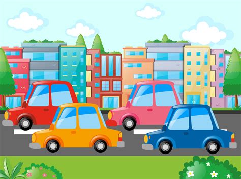 Scene With Many Cars On Road 414185 Vector Art At Vecteezy