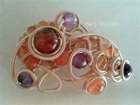 Wire Wrapped Brooch With Amethist And Carnelian Stones Hammered Jewelry Brooch Wire Wrapped