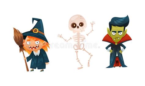 Cute Funny Halloween Characters Set Witch Dracula And Skeleton Cartoon Vector Illustration
