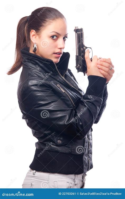 Pretty Girl In Black Leather Jacket Holding Gun Stock Image Image 22703261