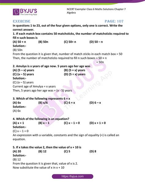 Ncert Exemplar Solutions For Class 6 Maths Chapter 7 Algebra Available In Free Pdf Download