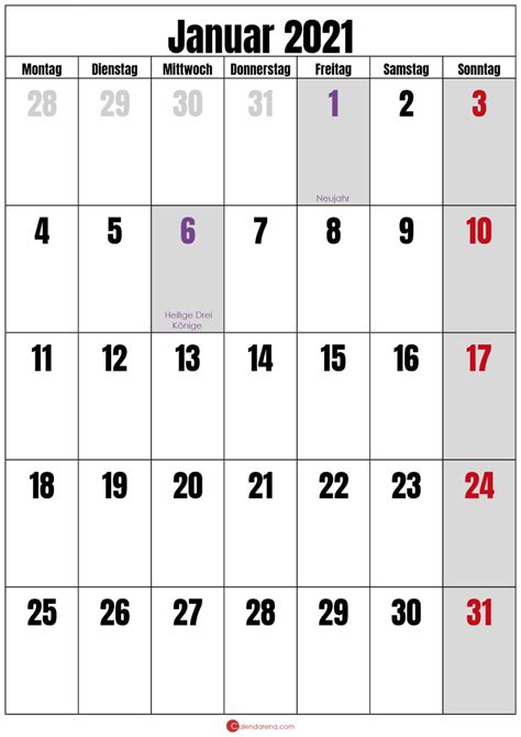 Kalender Januar 2021 Vorlagen Kostenlos