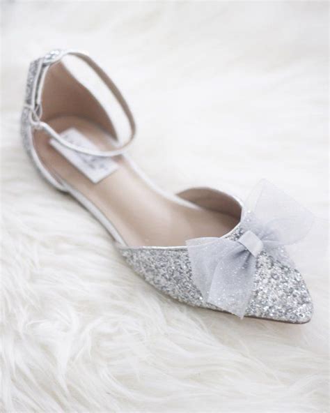 Silver Rock Glitter Pointy Toe Flats With Ankle Strap And Etsy