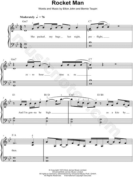 With this piano sheet music, you can play elton john's 1972 super hit rocket man (i think it's going to be a long, long time) on piano. Elton John "Rocket Man" Sheet Music (Easy Piano) in Bb Major - Download & Print - SKU: MN0197228