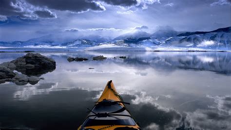 Kayak Landscape Lake Reflection Clouds Snow Mountains Hd Wallpaper