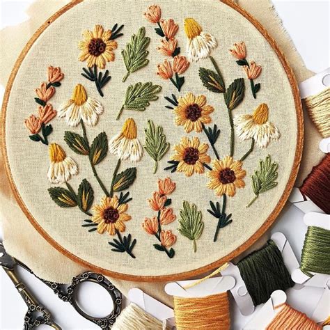 Modern Floral Sunflowers Daisy Hand Embroidery With Dmc Threads By