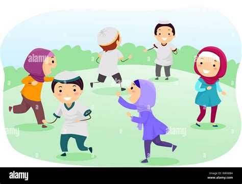 Illustration Of Stickman Muslim Kids Wearing Hijab And Taqiyah Running