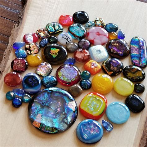 Lot Of Dichroic Fused Glass Cabochons With Unique Colors And Patterns Ready For Special Project