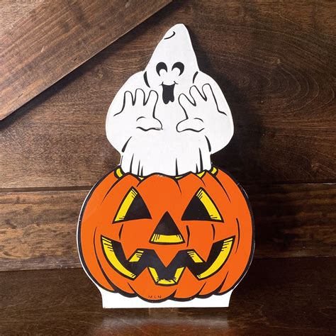 Vintage Halloween Ghost And Pumpkin Decor Wood Cutout Etsy Vintage