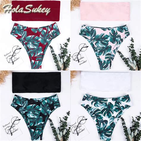 Holasukey New Bikinis 2018 Floral Bikini Set Solid Swimwear Women Print Swimsuit Women Beach