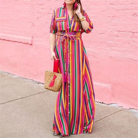 Button Down Collar Stripes Roll Up Sleeve Half Sleeve Maxi Plus Size D