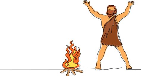 Single Continuous Line Drawing Prehistoric Man Standing Around Bonfire Caveman Stands And