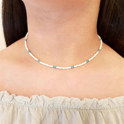Turquoise Seed Bead Necklace Gold Choker White Beaded Choker Gold