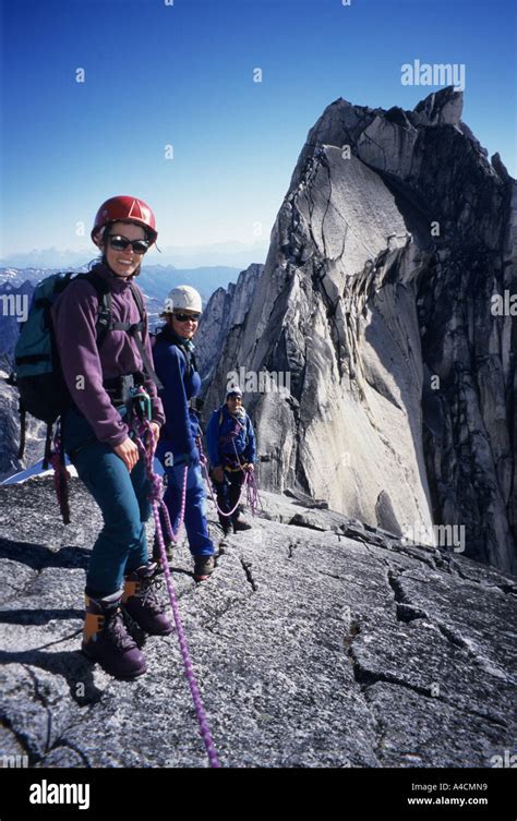 Climbers On Pigeon Spire Bugaboo Provincial Park Bc Canada Stock Photo