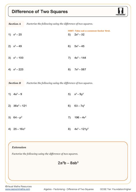 Difference Of Two Squares Worksheet Cazoom Maths Worksheets