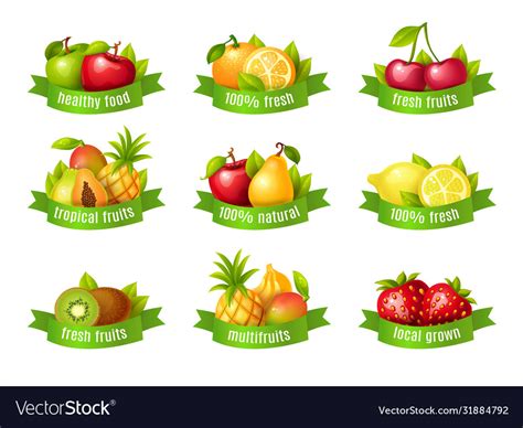 Fresh Fruits And Berries Healthy Food Labels Vector Image