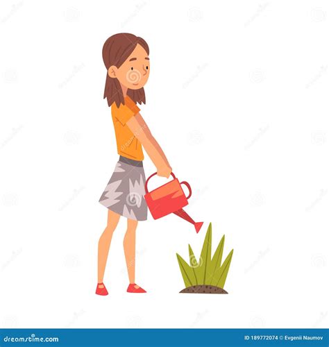 Cute Girl Watering Plants In The Garden With Watering Can Vector Illustration Stock Vector