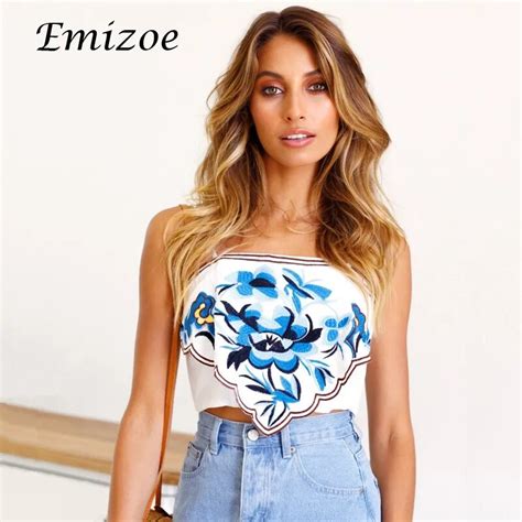Emizoe 2018 Summer Cute Embroidery Flower Tops Women Bow Strap Women Tops Bohemian Sexy Women