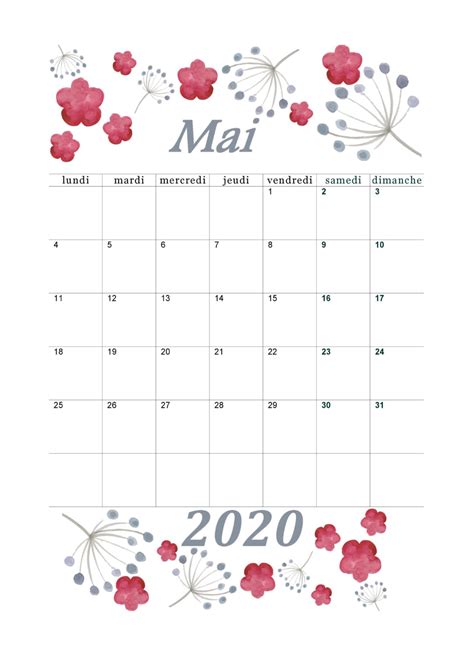 Calendrier Mensuel Mai 2020 À Imprimer Gratuit