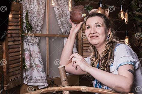 Ugly Woman In National Dress Posing In A Rustic Interior Stock Image Image Of Russia Adult