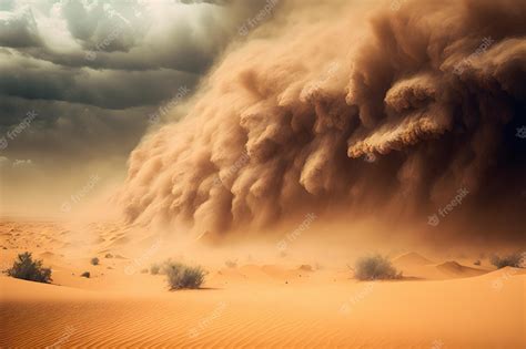 Premium Photo Heavy Sand And Dust Storm Above Desert Land On Hot