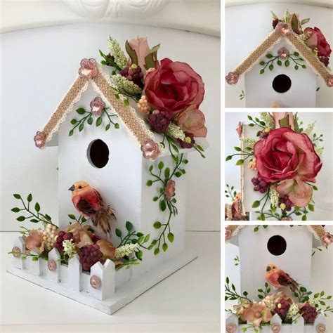 Shabby Chic Birdhouse Made With Pink Roses Berries Greenery And Pink