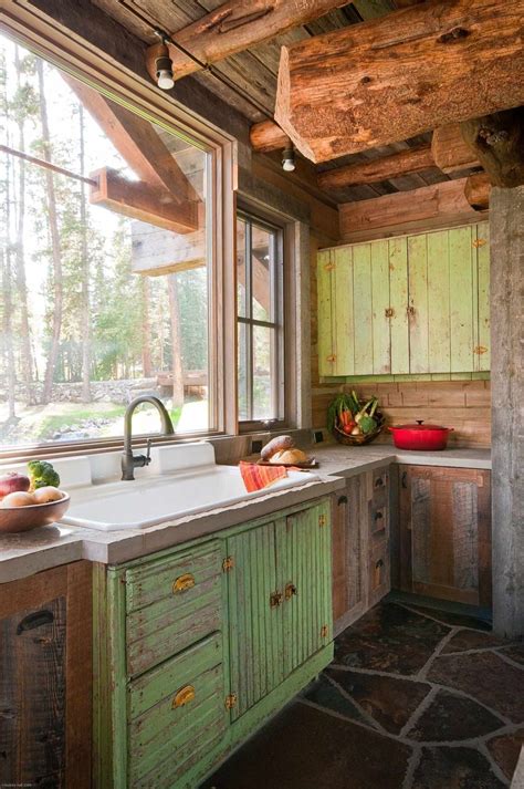15 Kitchens With Bright Green Cabinets Rustic Cabin Kitchen Cabin