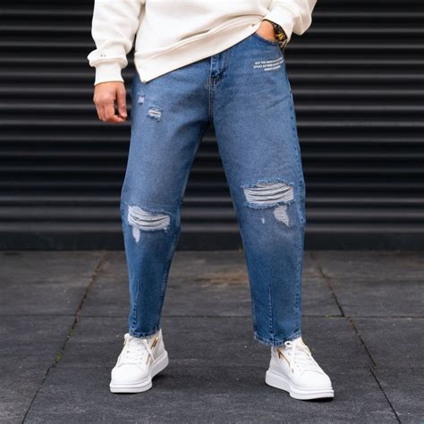 Mens Ripped Printed Baggy Jeans In Blue Martin Valen