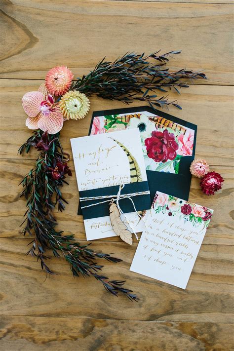 Luxe Coastal Shoot In A Dramatic Colour Palette Au Feather Wedding Invitation